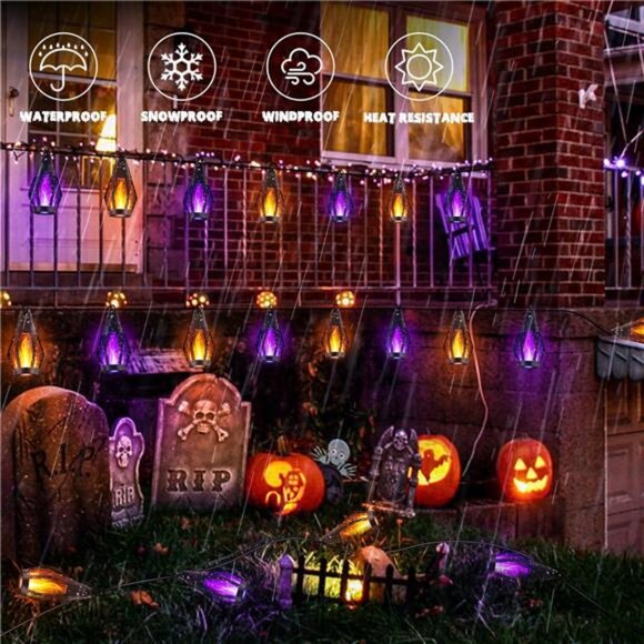 Solar Halloween Lights, 27Ft 10 LED Bulbs Flickering Flame String - Picture 6 of 7